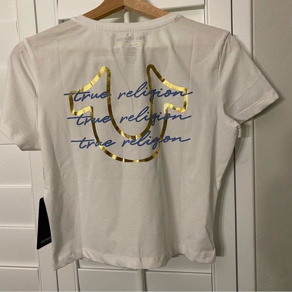 True Religion White Medium V Neck Gold Logo Baby Tee Tri Script NWT - Picture 1 of 6